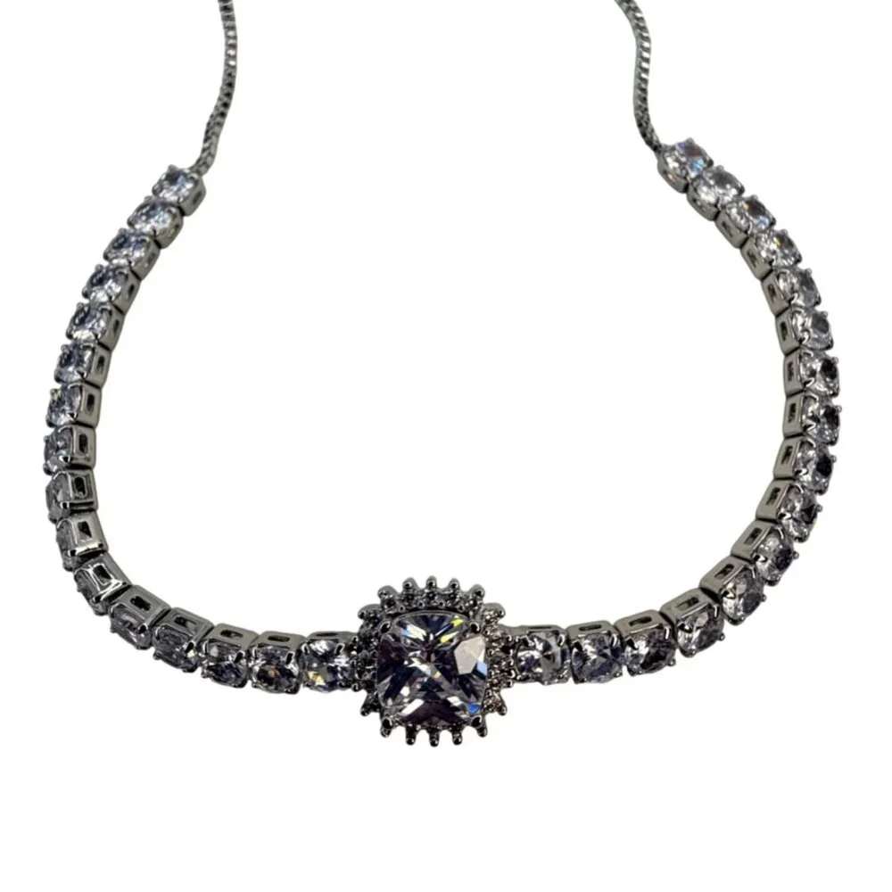 Vintage Swarovski‎ Crystal Tennis Bracelet Halo Center Sterling Overlay Slider